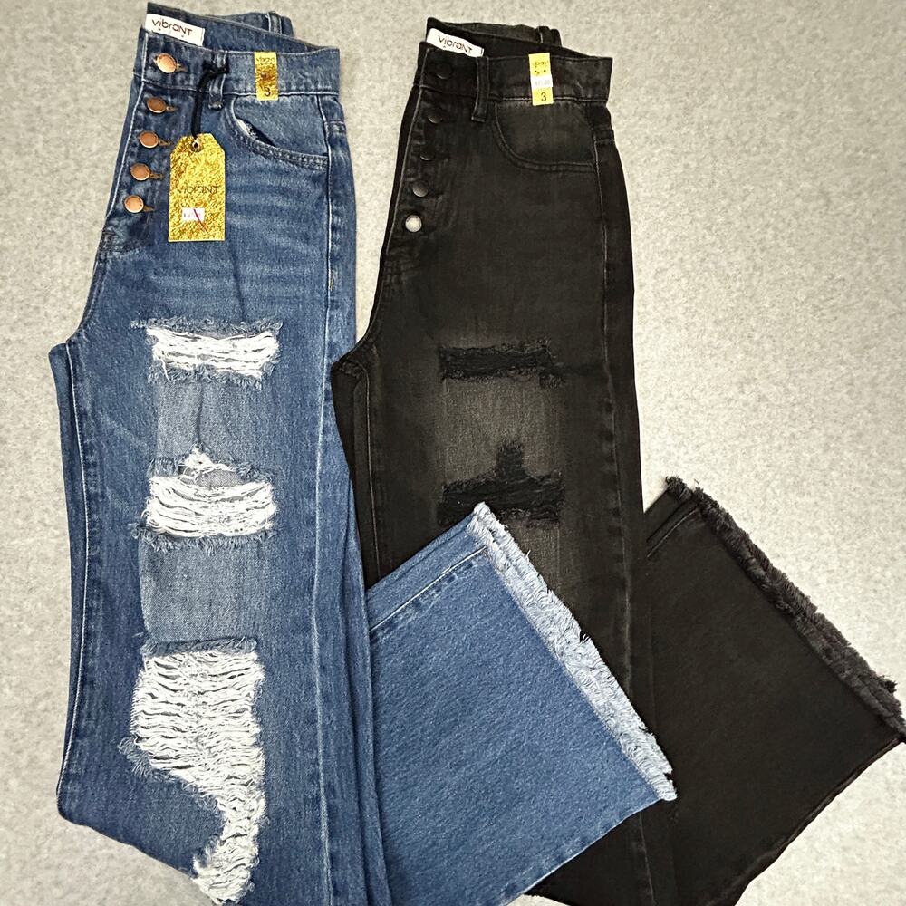 (2) Vibrant MiU High Rise Button Jeans Wide Leg Size 3 (26W) NWT Distressed Raw
